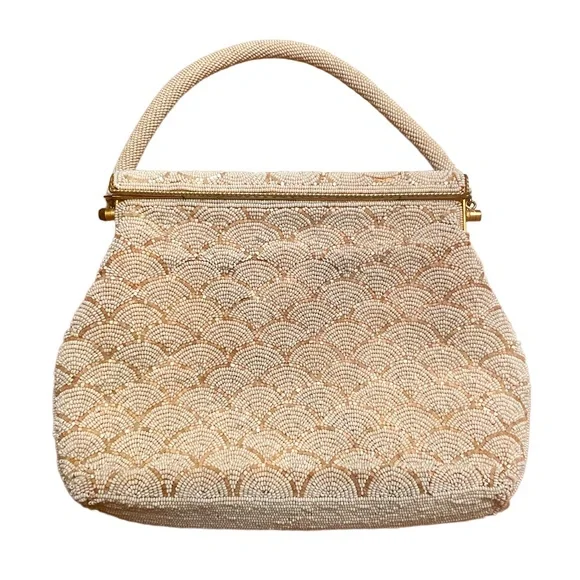 Vintage Beaded Purse Scalloped Design White and Gold - Picture 4 of 8